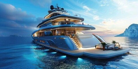 Yachting Luxury Super Yacht: 3D Illustration of Mega Transport in High Resolution - obrazy, fototapety, plakaty