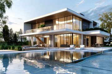 Modern House with Pool. Luxury Home with Stunning Exterior and Swimming Pool - obrazy, fototapety, plakaty