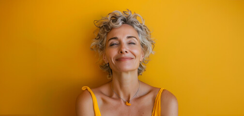 A woman with short hair and a yellow dress is smiling - Powered by Adobe