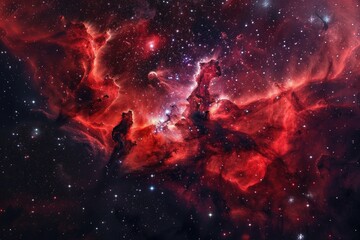 Space Red. Bright Red Nebula in the Starry Sky - obrazy, fototapety, plakaty