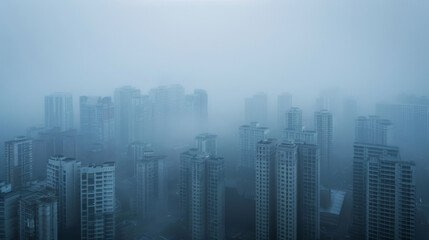 Aerial view urban cityscape with thick pm 2.5 pollution smog fog covering city high-rise buildings, blue sky