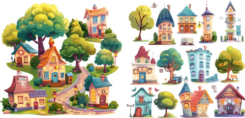 Cartoon town street buildings, houses, shops, trees and flashlight for kids