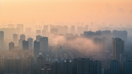 Fototapeta na wymiar Aerial view urban cityscape with thick pm 2.5 pollution smog fog covering city high-rise buildings, orange sky
