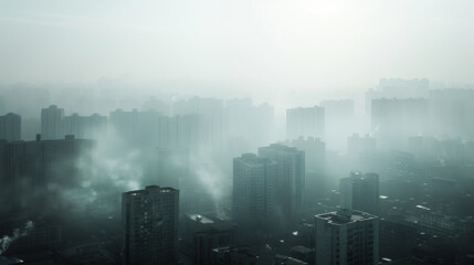 Aerial view urban cityscape with thick pm 2.5 pollution white smog fog covering city high-rise buildings - obrazy, fototapety, plakaty