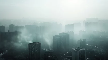 Papier Peint photo Lavable Matin avec brouillard Aerial view urban cityscape with thick pm 2.5 pollution white smog fog covering city high-rise buildings