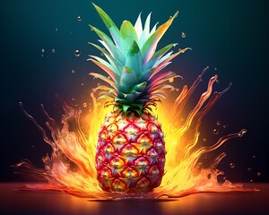 Creative pineapple, single object, watercolor, soft glow, eye level, artistic touch, photographic style , Prime Lenses ,high detailed - obrazy, fototapety, plakaty
