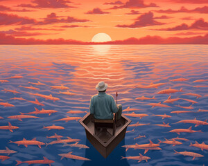 Elderly fisherman on boat, sharks below, calm ocean, sunset glow, serene, top-down view - obrazy, fototapety, plakaty