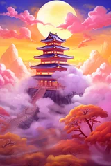 Muurstickers Ethereal Japanese castle on cloud bed, sun breaking through mist, heavenly, panoramic view,watercolor, cute, elegant, cartoon © Little