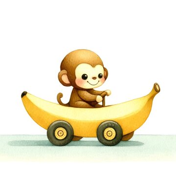 Charming watercolor illustration of a smiling monkey driving a whimsical banana-shaped car.