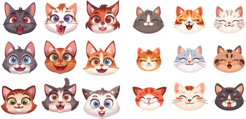 Animal character pets face portrait, various cat breeds cartoon vector isolated icons illustration set - obrazy, fototapety, plakaty