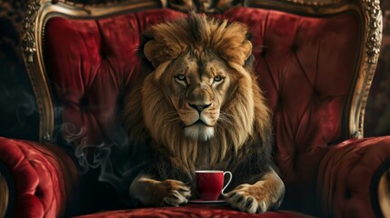 Lion sited on armchair and drinking coffee