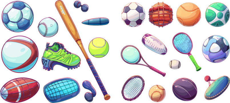 Sport equipment. Cartoon balls and gaming item for hockey, rugby, baseball and tennis racket