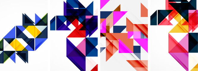 A vibrant and creative art piece featuring a colorful geometric pattern of triangles, rectangles, and symmetry in shades of purple, violet, and magenta on a white background