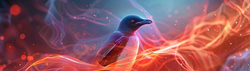 Neonlit penguin, phantasmal and iridescent, its aura amplified by swirling psychic energy waves - obrazy, fototapety, plakaty
