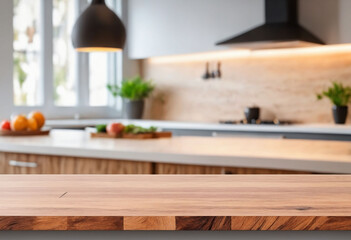 Empty beautiful wood table top counter and blur bokeh modern kitchen interior background in clean and bright, Banner, Ready for product montage