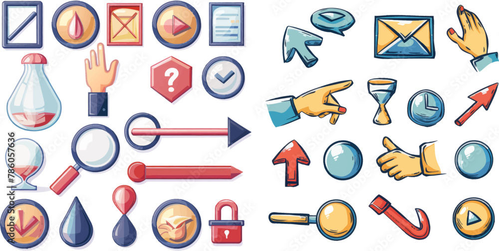 Poster grab hand, pointing arrows and hourglass loading vector set