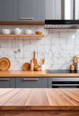 Empty beautiful wood table top counter and blur bokeh modern kitchen interior background in clean and bright, Banner, Ready for product montage