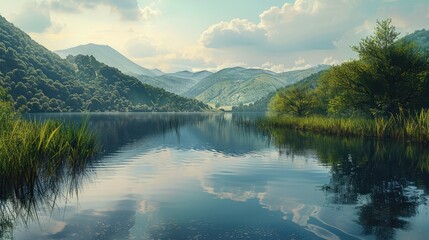 A serene lake nestled among rolling hills, its mirrored surface reflecting the azure sky and...