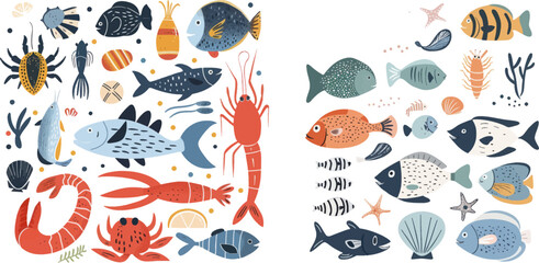 Seafood minimalistic poster. Abstract cartoon fish shellfish elements