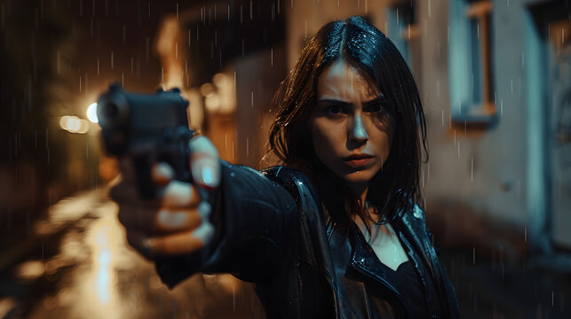 Young woman in black jacket points gun in rain, police officer or killer holding weapon at night. Female detective with pistol on dark street. Concept of spy, 