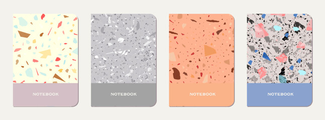 Notepad cover design. Terrazzo abstract background made of natural stones, granite, quartz and marble. Venetian terrazzo texture notepad cover template.