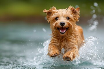 Small Brown Dog Running Through Body of Water. Generative AI