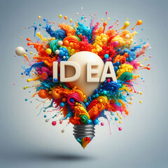3d text idea and light bulb exploding in colorful paint- idea, innovation, creativity concept	