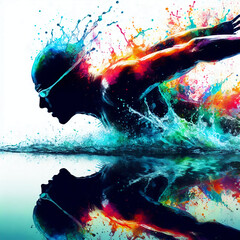 Fototapeta premium silhouette of man sport swimmer swimming splash color paint and white background 