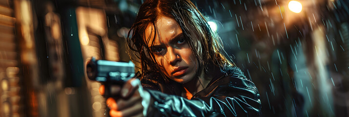 Young woman in black jacket points gun in rain, police officer or killer holding weapon at night. Female detective with pistol on dark street. Concept of spy,  - obrazy, fototapety, plakaty