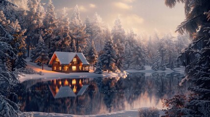 A serene lakeside cabin nestled among frosted trees, its windows glowing with the warmth of holiday festivities and camaraderie. 8k, realistic, full ultra HD, high resolution, and cinematic