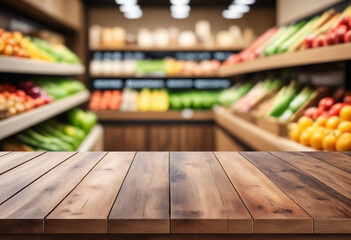Empty wooden table on a blurred background of an organic grocery store