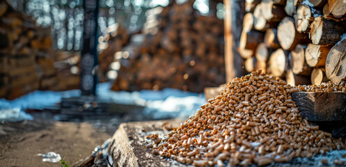 Fototapeta premium A pile of wood chips sits on a log