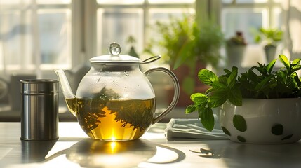 Close up view of transparent teapot with herbal infusion with a can on the table - obrazy, fototapety, plakaty