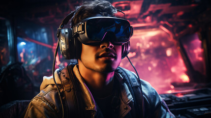 Immersive Gaming Adventure: A person wearing a VR headset and controllers, fully engaged in an immersive gaming experience, surrounded by virtual elements.