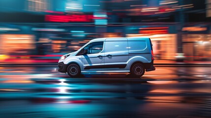 Fototapeta na wymiar A dynamic image of a white delivery van captured in motion blur as it navigates through the city's vibrant nightlife, symbolizing fast and efficient urban logistics and delivery services