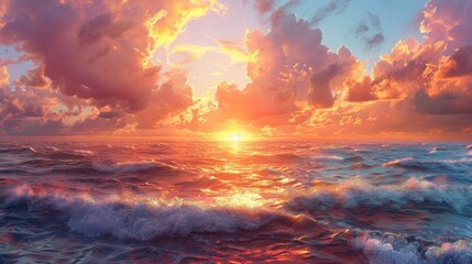 Majestic panoramic sunrise over the ocean, gentle colorful clouds painting the sky, a serene beginning. - obrazy, fototapety, plakaty