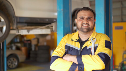 Portrait of Asian male auto technician posing for a photography in garage.