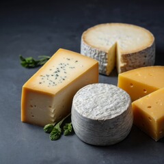 Cheese of different varieties on a gray-blue background.