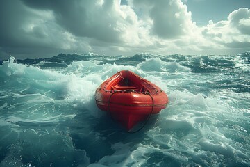 Red Boat in Vast Water. Generative AI - obrazy, fototapety, plakaty