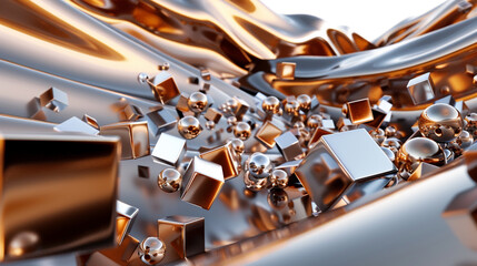 Metallic cubes flow in 3D, their copper gleam against cool silver evoking industrial chic.