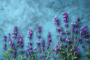 A few sprigs of lavender and tiny wildflowers scattered along the edge of a pastel blue surface. 