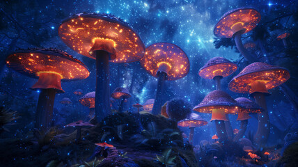 A celestial garden of luminous, deadly fungi under a blue starry sky