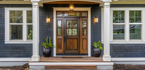 A large house with a wooden front door and a porch