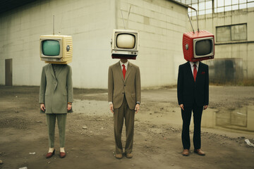 People with television heads and human bodies totally adducted by the news and TV programs in a surreal world.