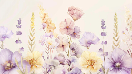 Delicate watercolor florals in lavender and blush for whimsical designs.