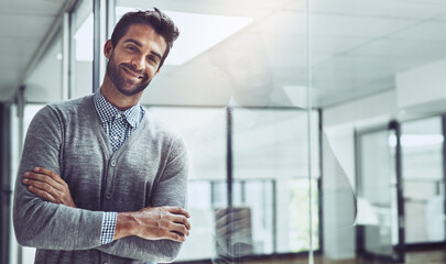 Portrait, arms crossed and businessman with reflection in office for startup, positive mindset or...