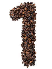 Number 1 made from roasted coffee beans on white isolated background.
