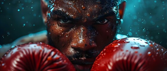 Boxer's Gaze: Determination and Power. Concept Boxing Technique, Strength Training, Mental Conditioning, Strategy Analysis - obrazy, fototapety, plakaty