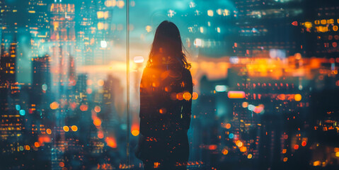 A woman stands in front of a city skyline at night - obrazy, fototapety, plakaty