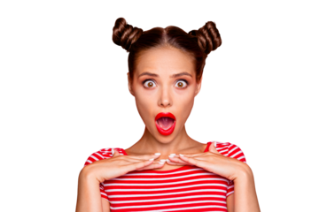Total sale! Close up portrait of excited and surprised young brunette girl who opened wide her mouth and eyes isolated on red background